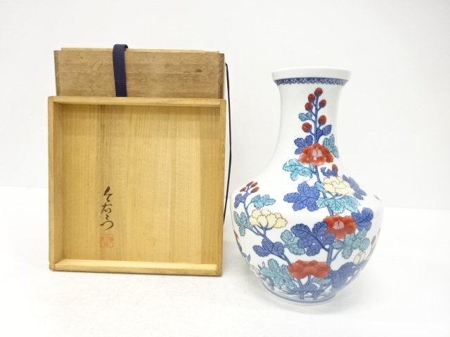JAPANESE COLLECTIBLE / ARITA PORCELAIN VASE / HOLLYHOCK DESIGN BY IMAI